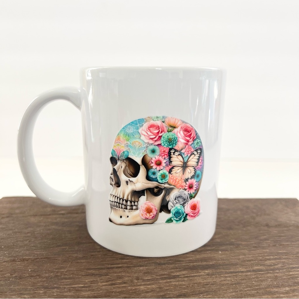 Colorful Floral Sugar Skull Coffee Mug – Butterfly & Roses Design – 11oz Ceramic